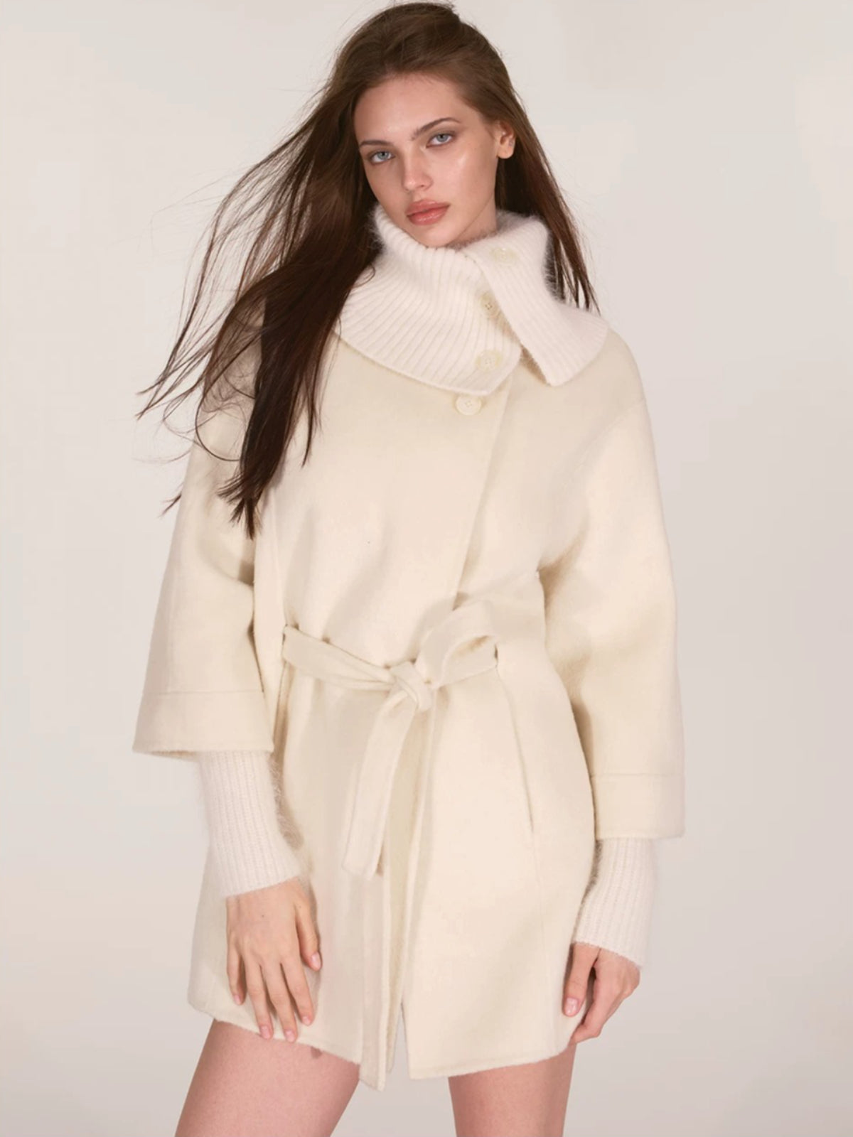 Asymmetric Collar Belted Wool Coat