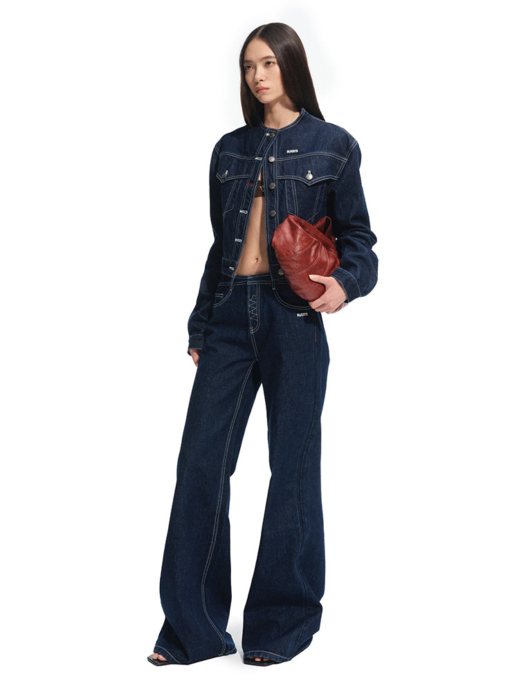 Denim Stand-Collar Regular-Shoulder Short Jacket