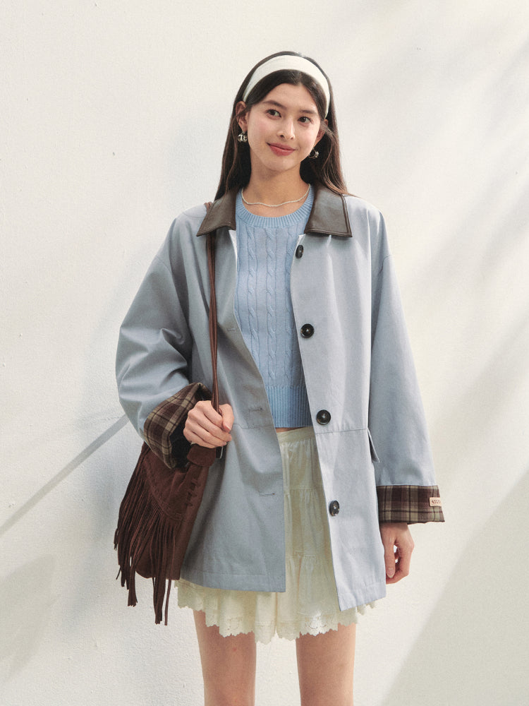 Plaid Patchwork Color-Block Trench Coat