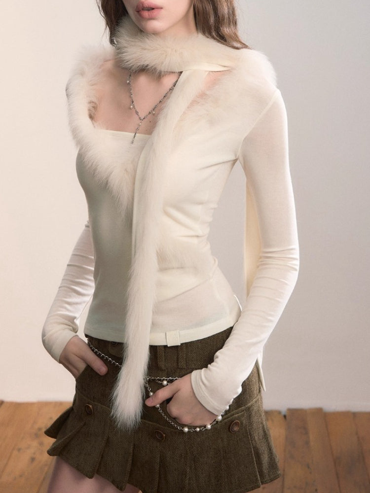 Patchwork Fox Fur Knit Top & Fur Scarf Set