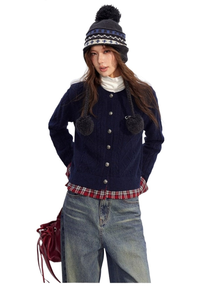 Plaid Trim Knit Cardigan