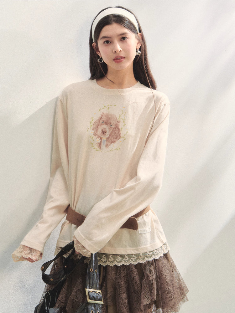 Lace Panel Animal Print Long-Sleeve Tee