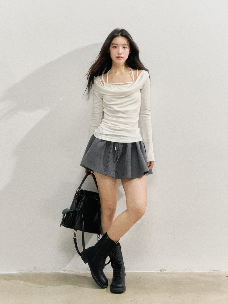 Beaded Halter Fake Two- Piece Long-Sleeve T-Shirt