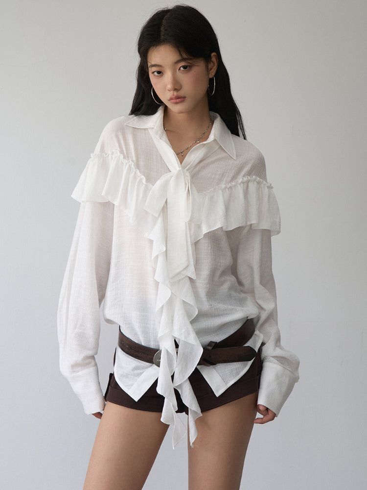 White Ruffled Drawstring Long-Sleeve Shirt