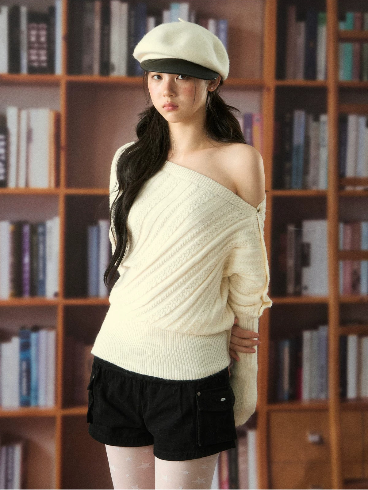 Off-Shoulder Cable Knit Sweater