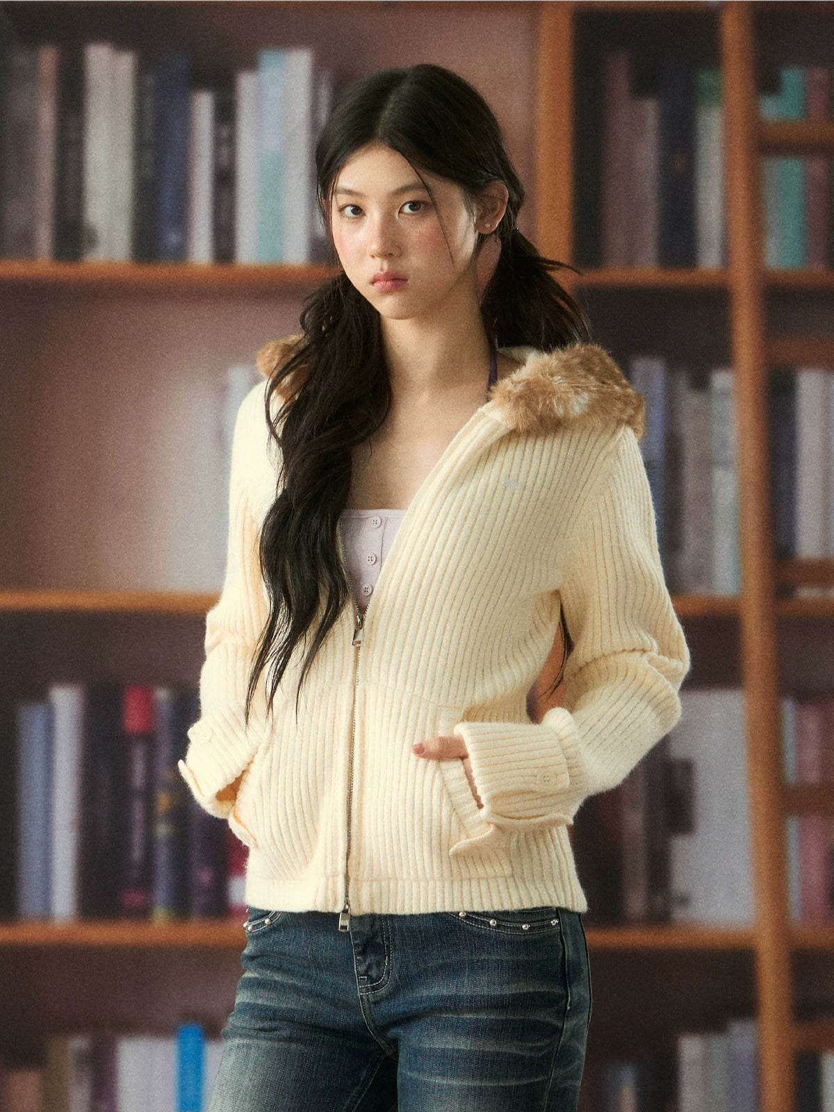 Fawn Fur Collar Ribbed Knit Cardigan