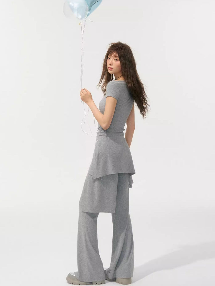 One Shoulder Irregular Slanted Pleat T-shirt & Pants Set