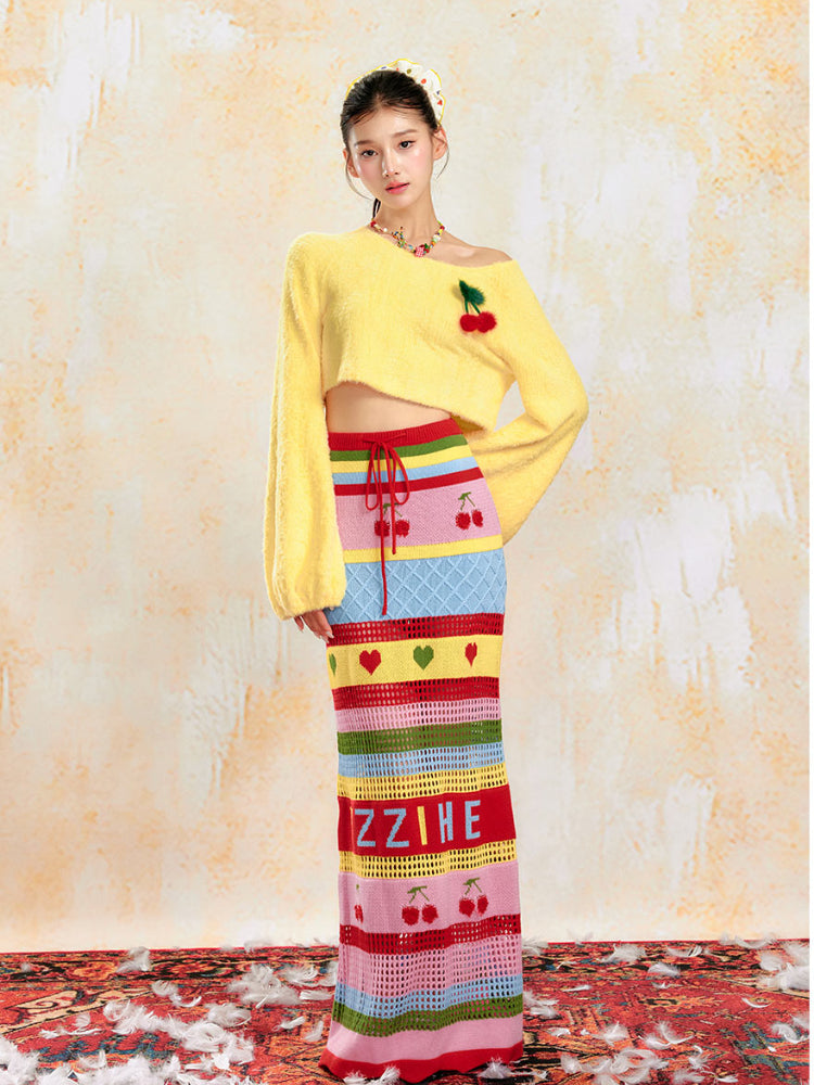 Soft Yellow Off-Shoulder Knit Sweater & Skirt Set