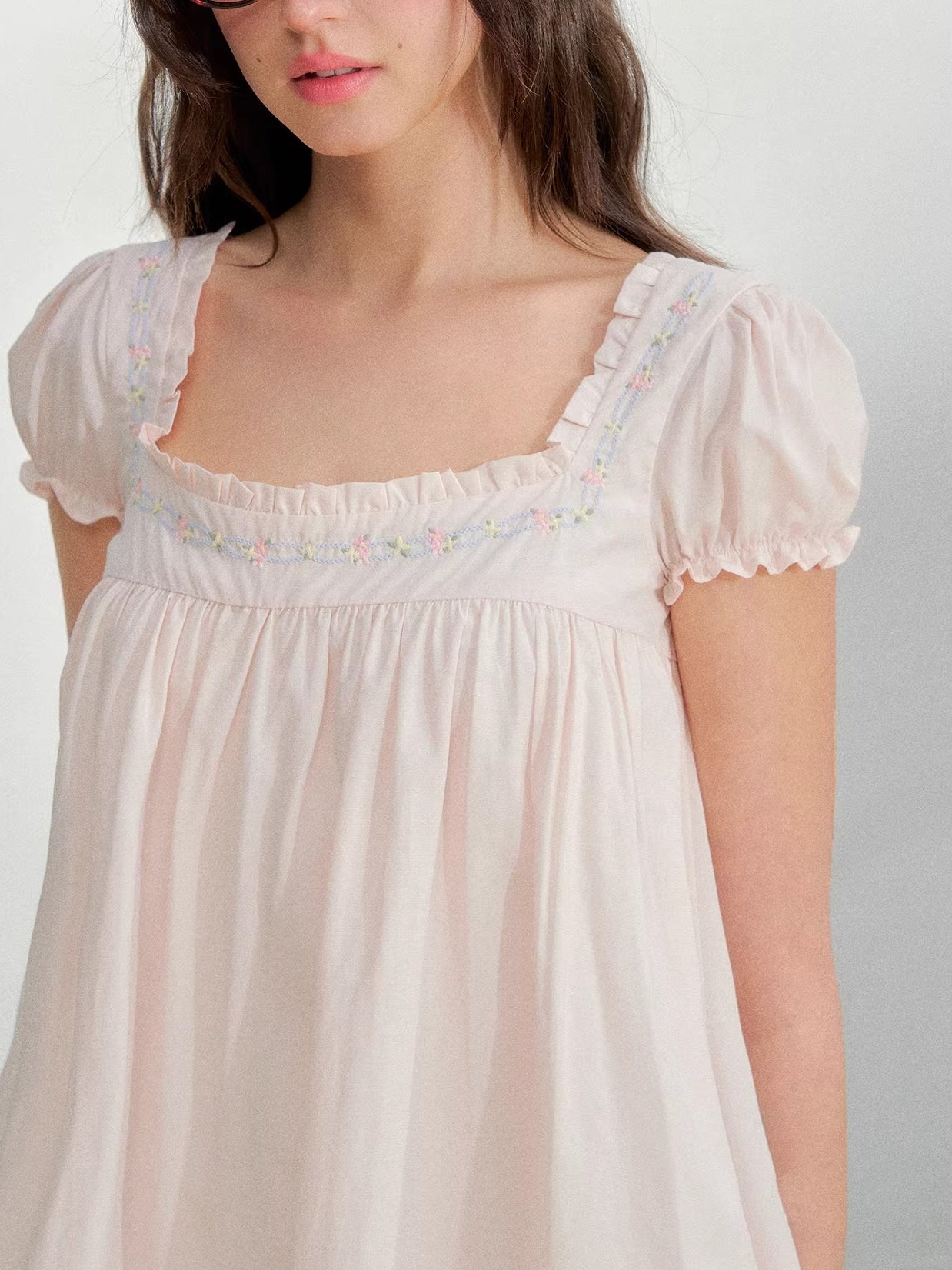 Pink Embroidered Square Neck Dress