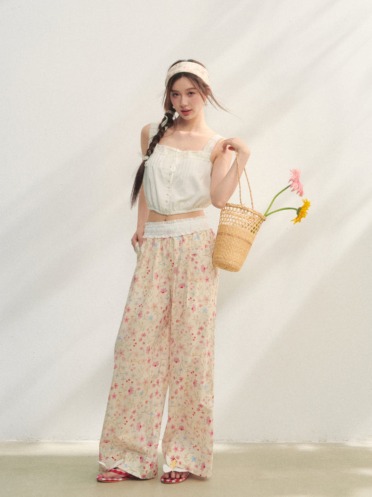 Lace-Trimmed Waist-Tie Wide-Leg Pants