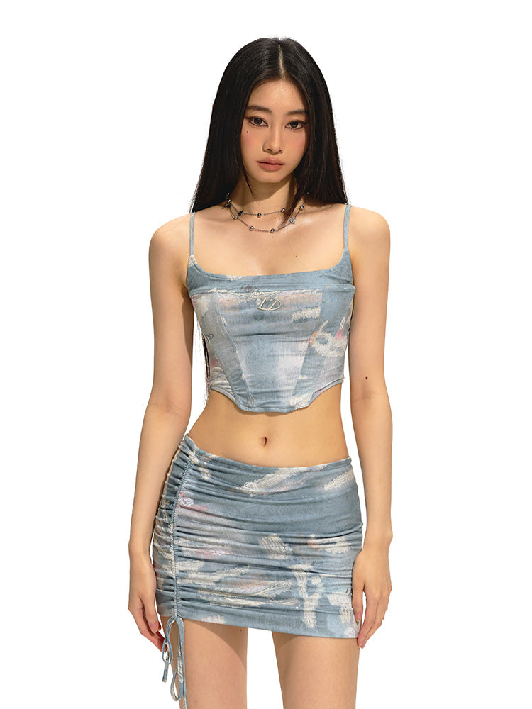 Short Bone Structure U-Neck Tank Top & Skirt Set