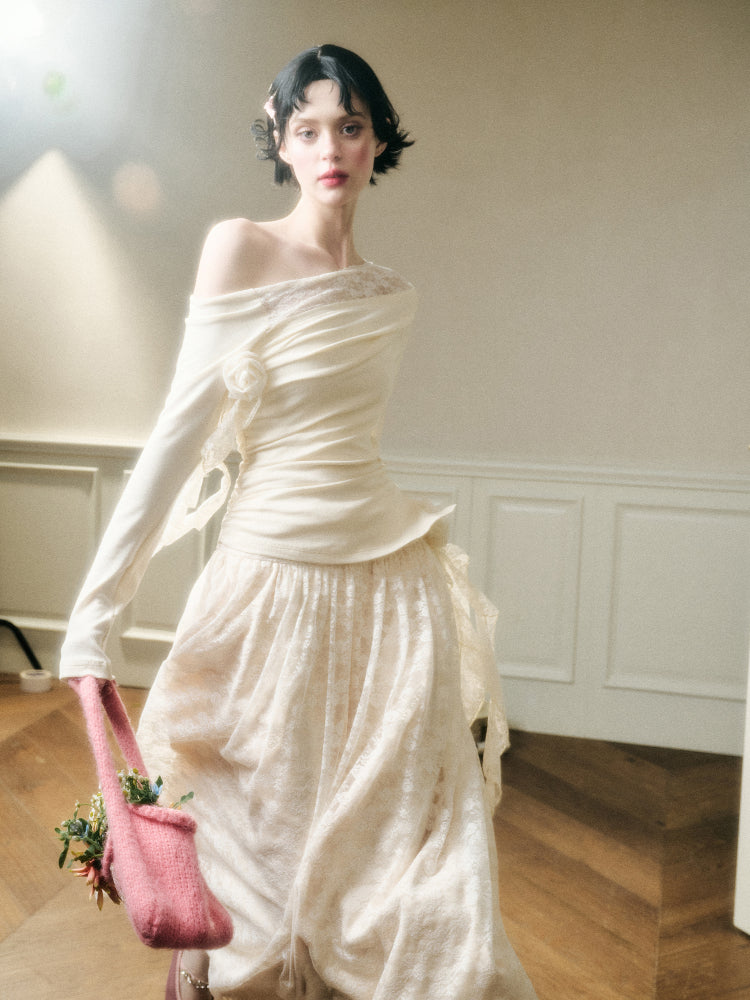 Lace Floral Asymmetrical Off-Shoulder Top & Skirt Set