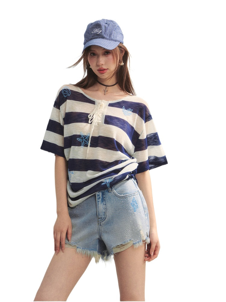 Striped Embroidery Drawstring Tie T-Shirt