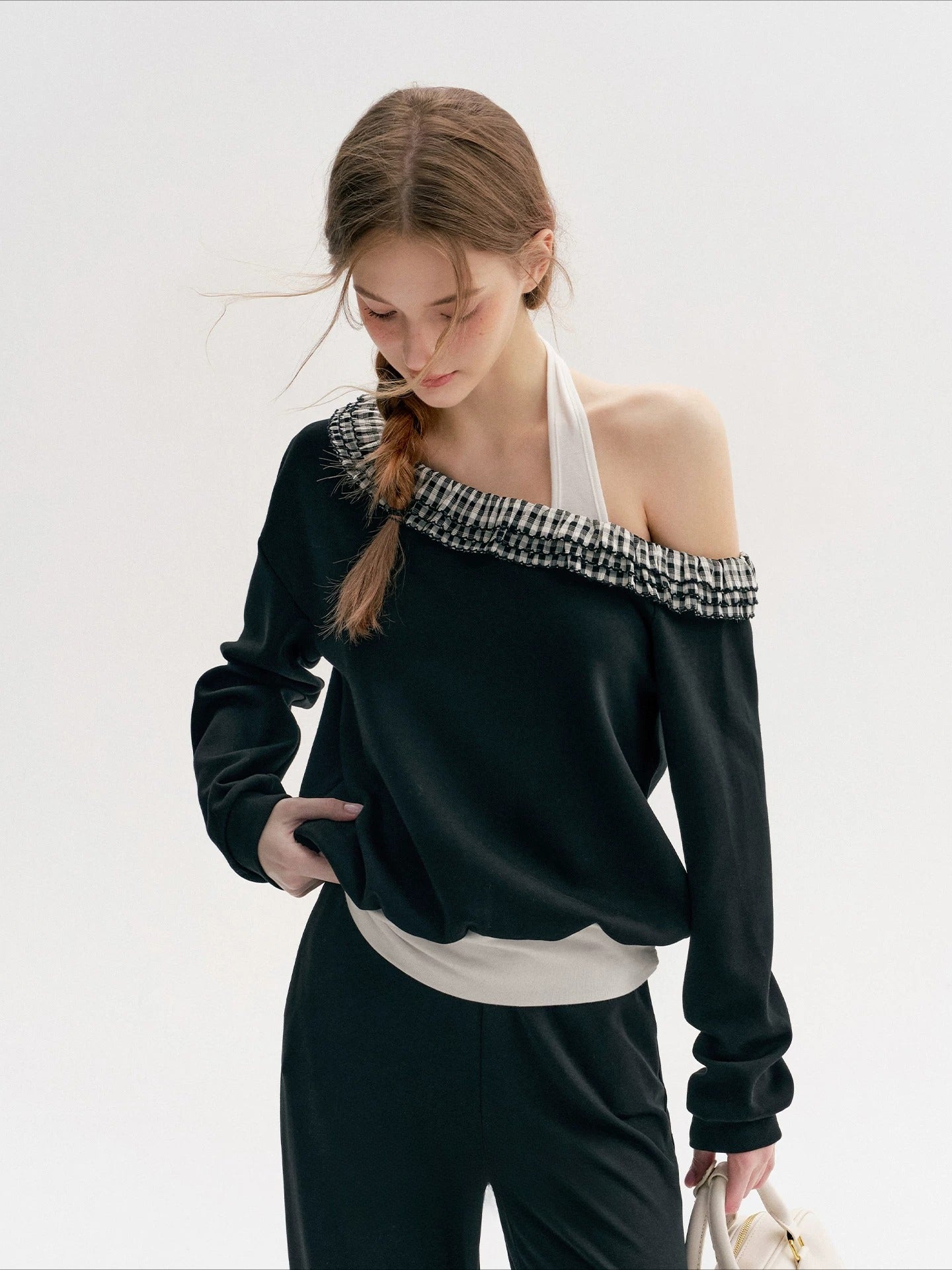 Plaid Ruffle Halter Sweatshirt