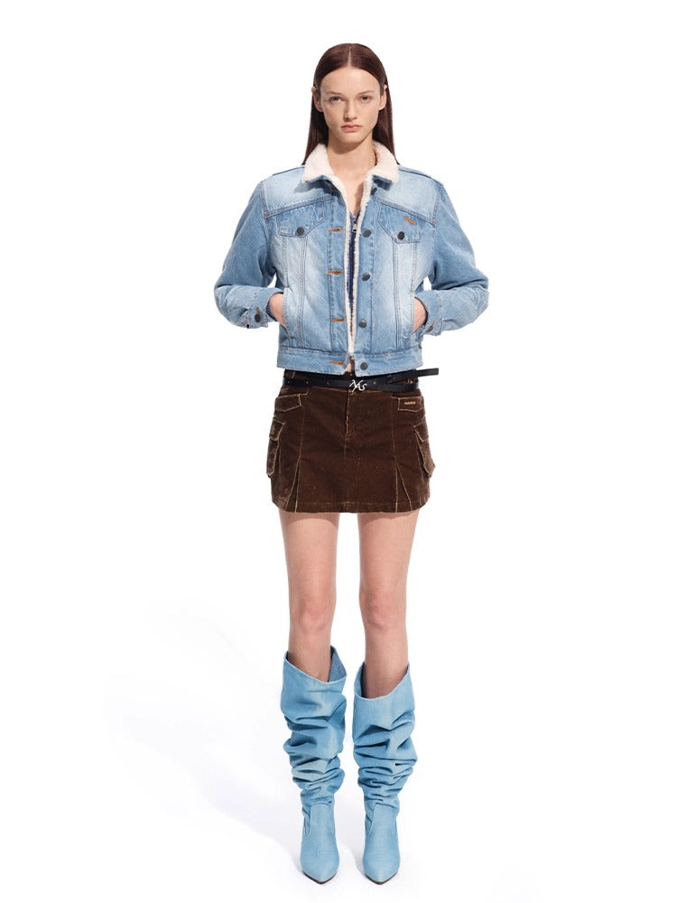 "Rose Series" Washed Denim Low-Rise Mini Skirt