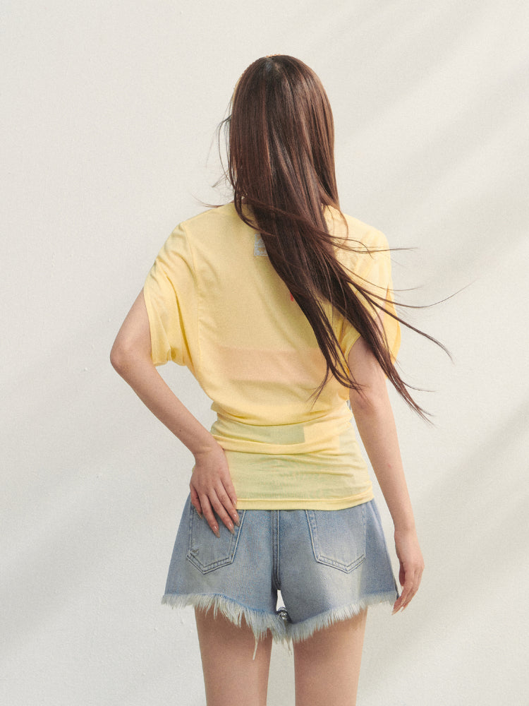 Floral V-Neck Bat-Sleeve T-Shirt