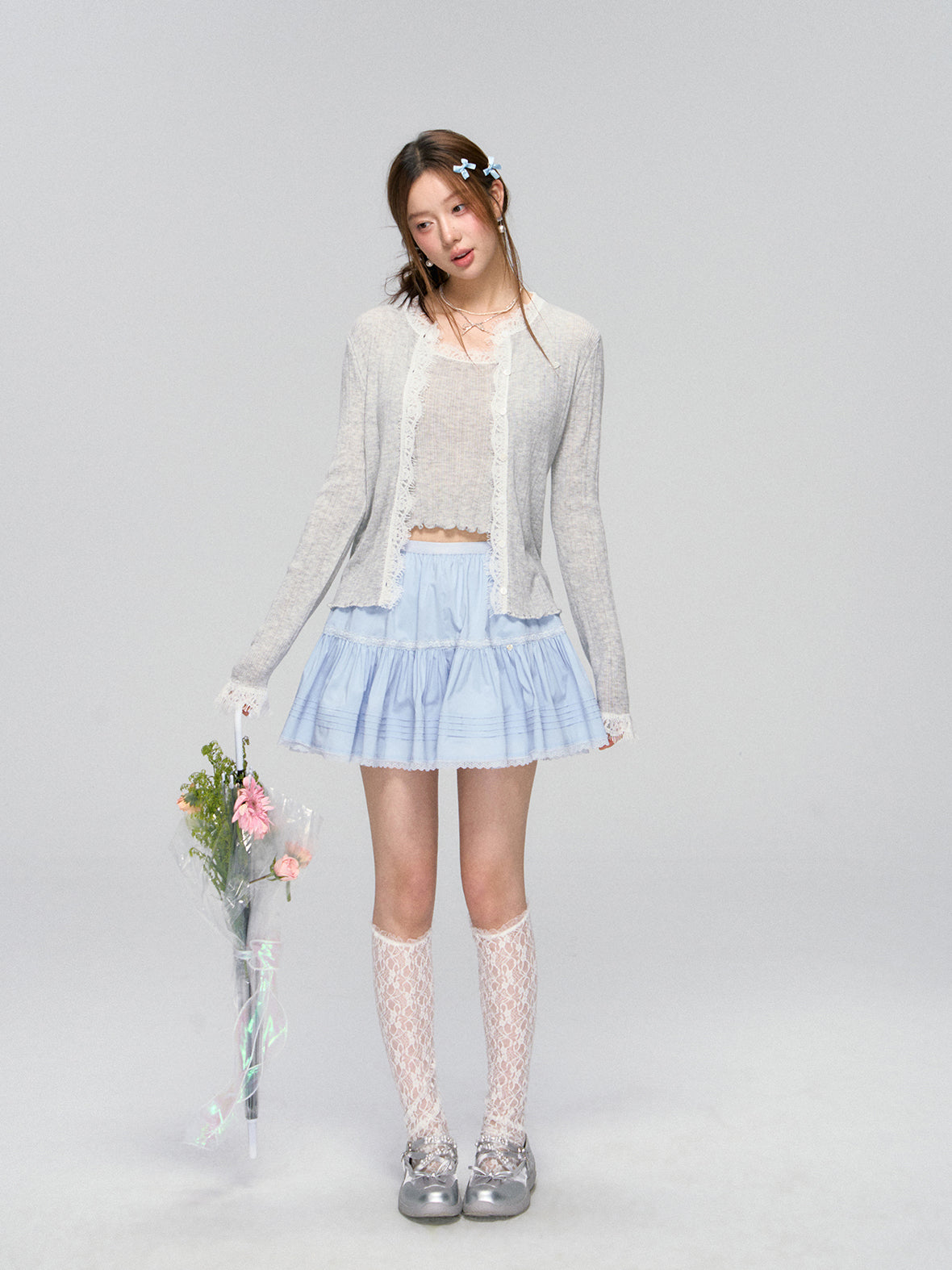 Blue Lace Trim Layered Skirt