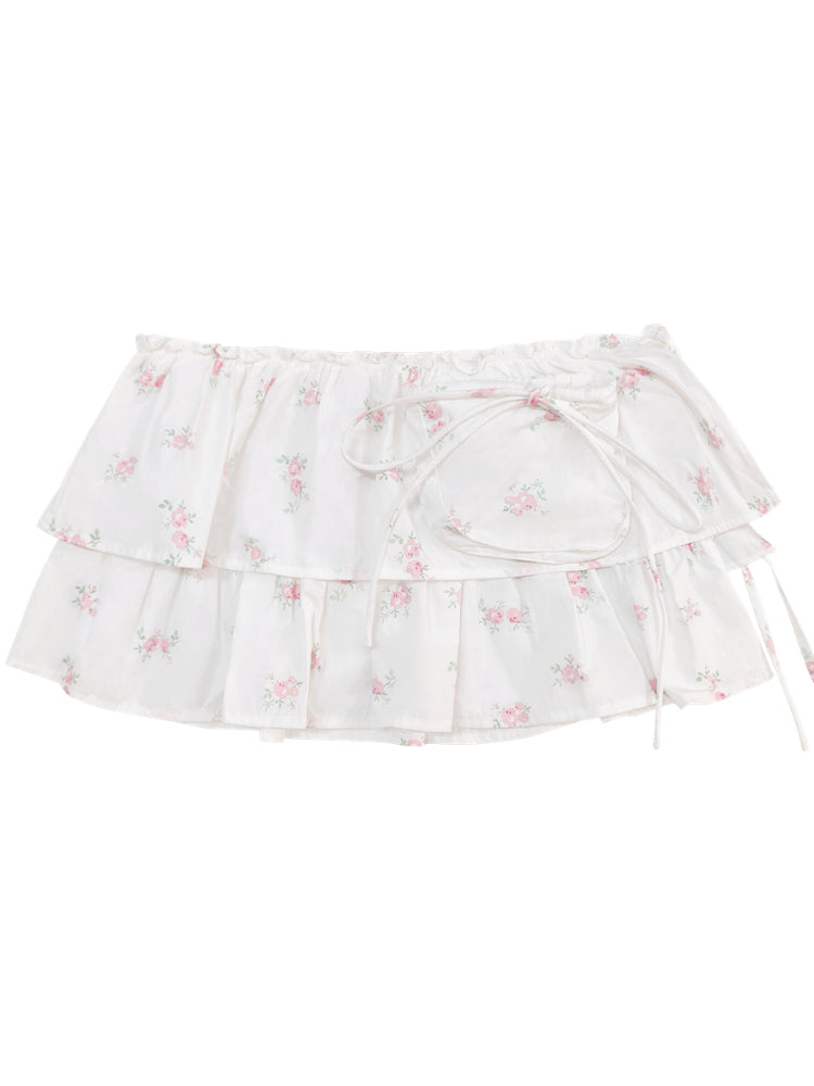Floral Drawstring Pocket Multi-Layered Cake Skirt
