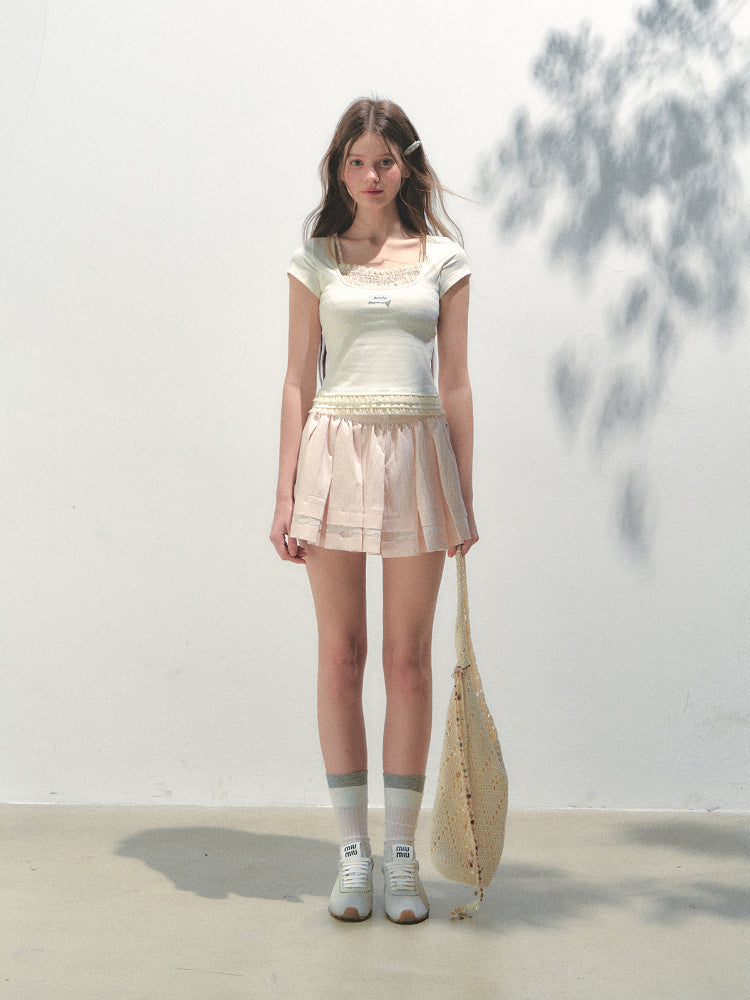 Two-piece Spliced Hem Lace Short-sleeve T-shirt