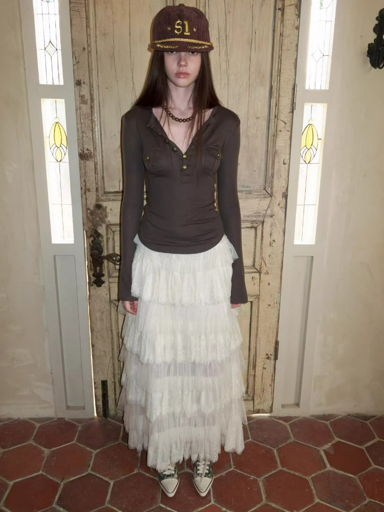 Layered Lace Tulle Midi Skirt