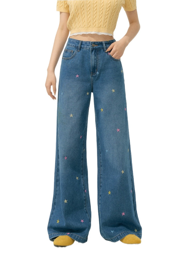 Embroidered High-Waisted Wide-Leg Pants