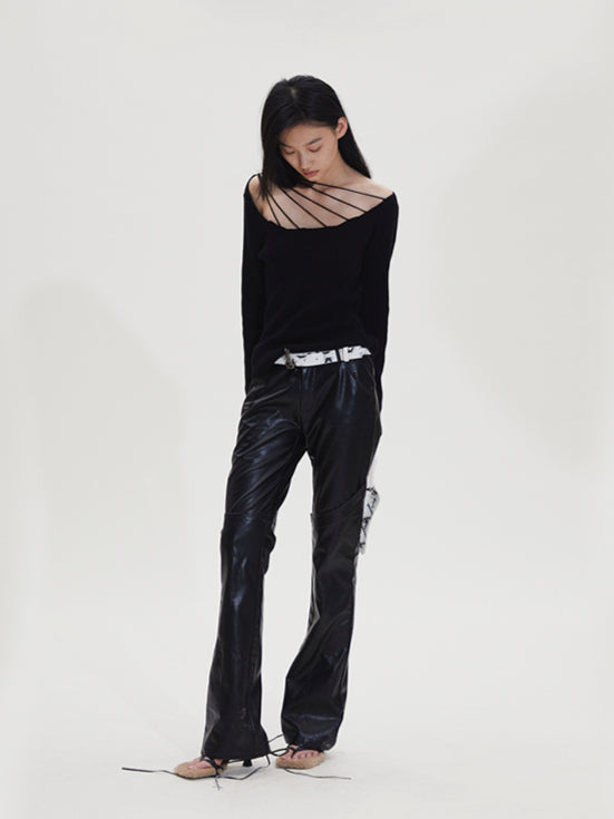 Black & Burgundy Embroidered PU Pants