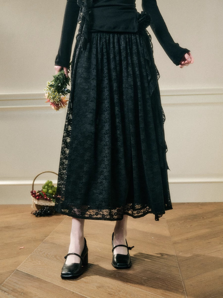 Lace Floral Asymmetrical Off-Shoulder Top & Skirt Set