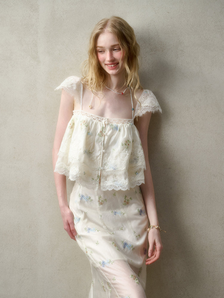 Lace Embroidery Flower French - Style Shirt & Skirt Set