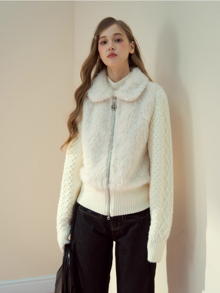 Peter Pan Collar Fleece-Lined Faux-Fur Paneled Jacket