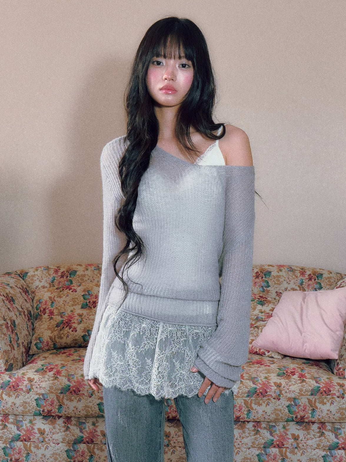 Asymmetric V-Neck Knit Top