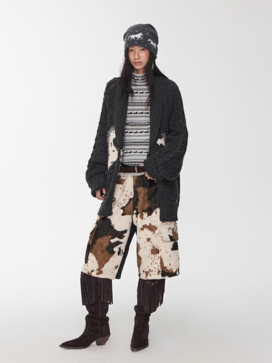 Pony Jacquard Horn-Button Chunky Cardigan