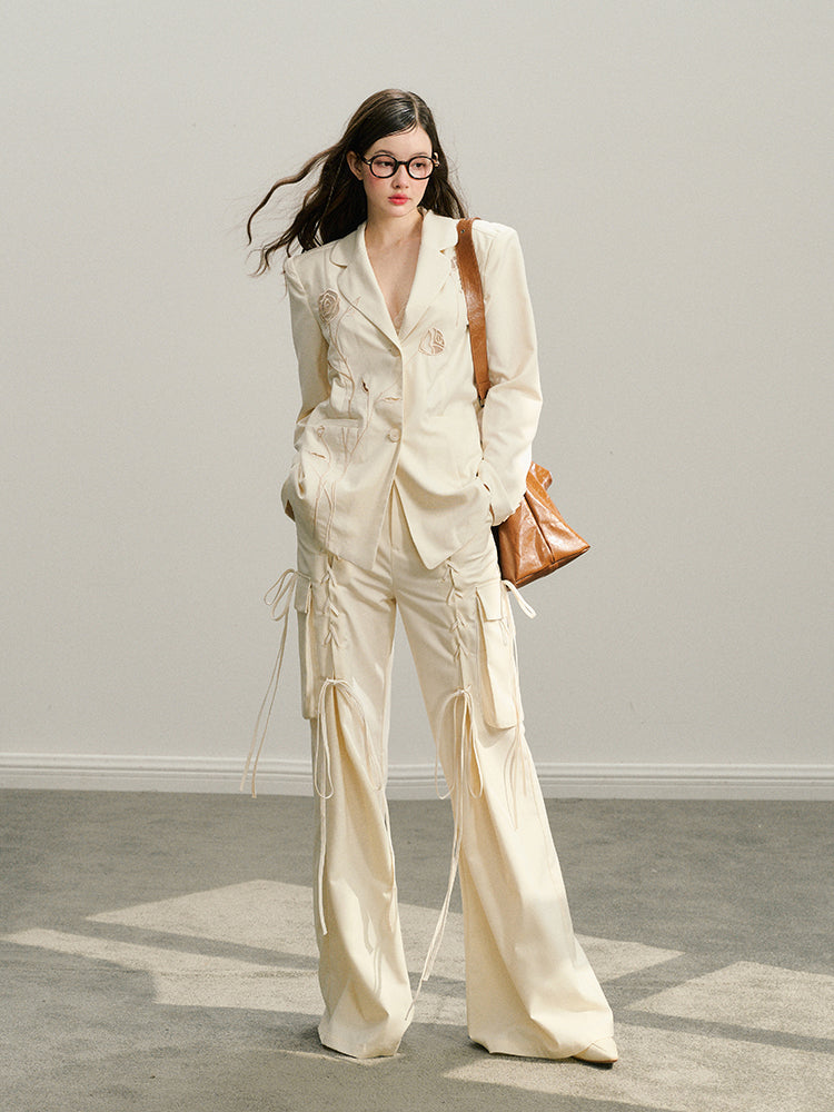Black & Ivory White Tie-Waist Wide-Leg Pants