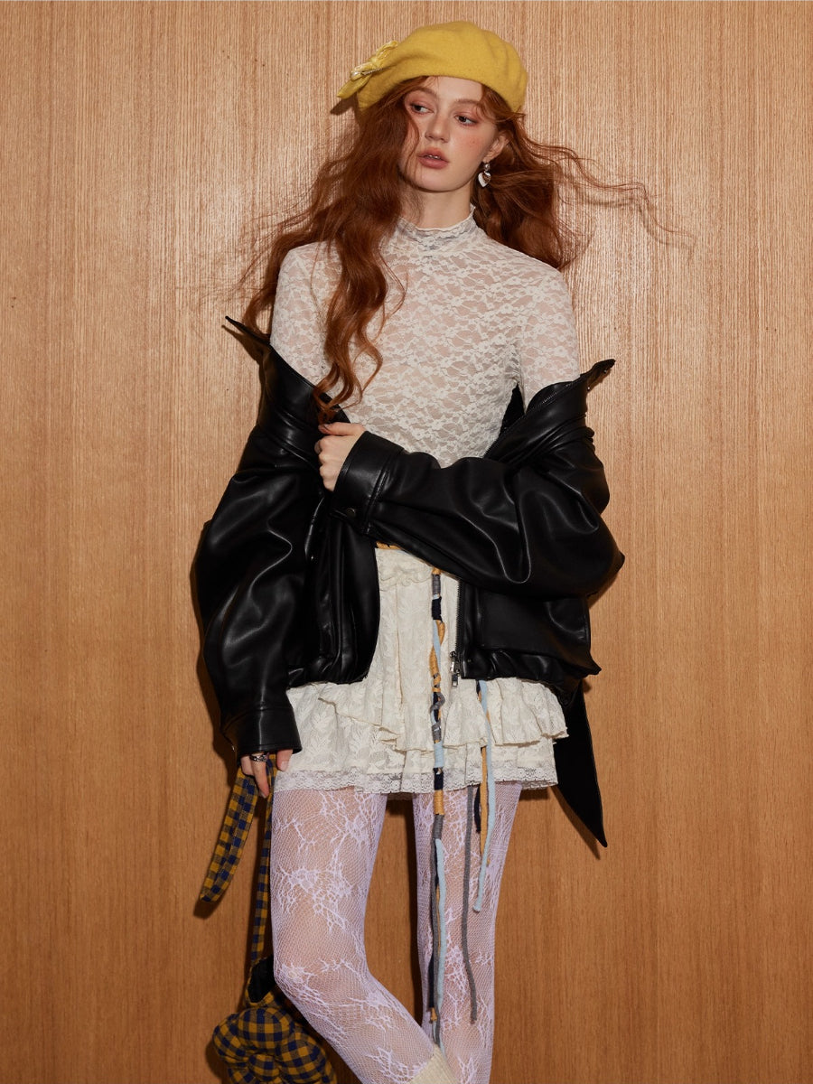 Floral Lace Ruffled Turtleneck Top