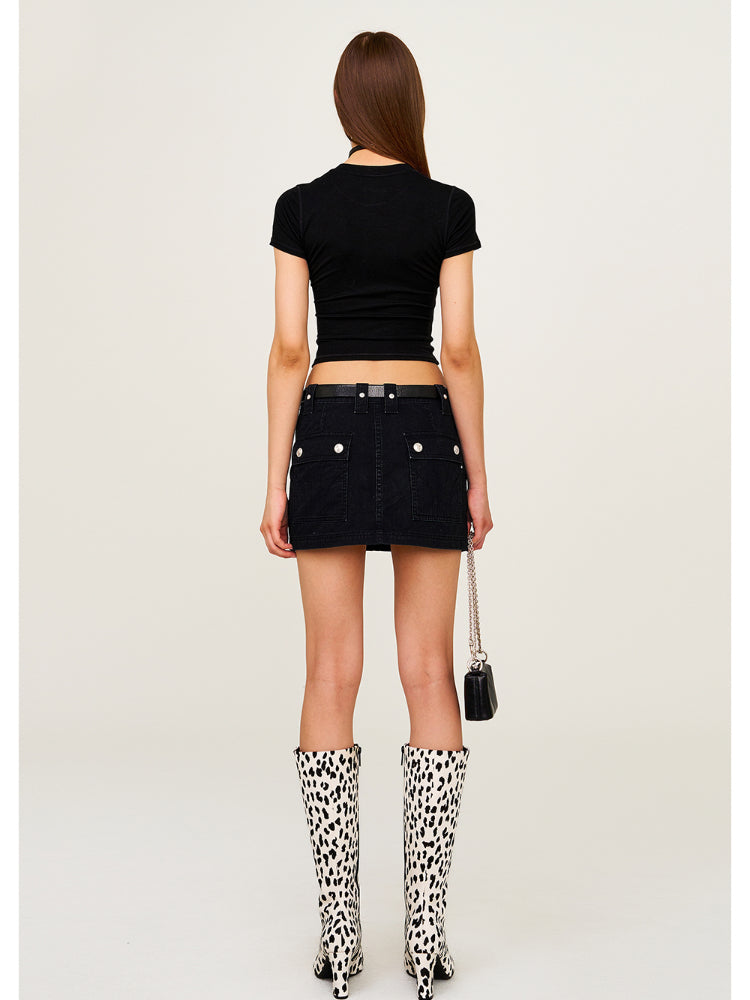 Leopard Print Mid - High Waist Rivet Midi Skirt