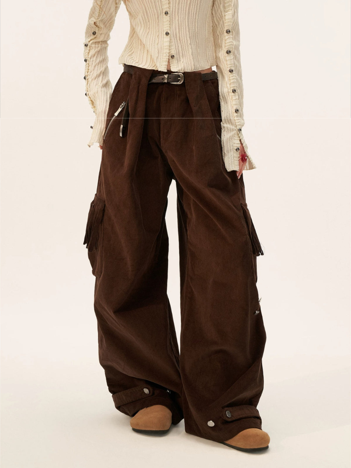Fringed Corduroy Straight-Leg Pants