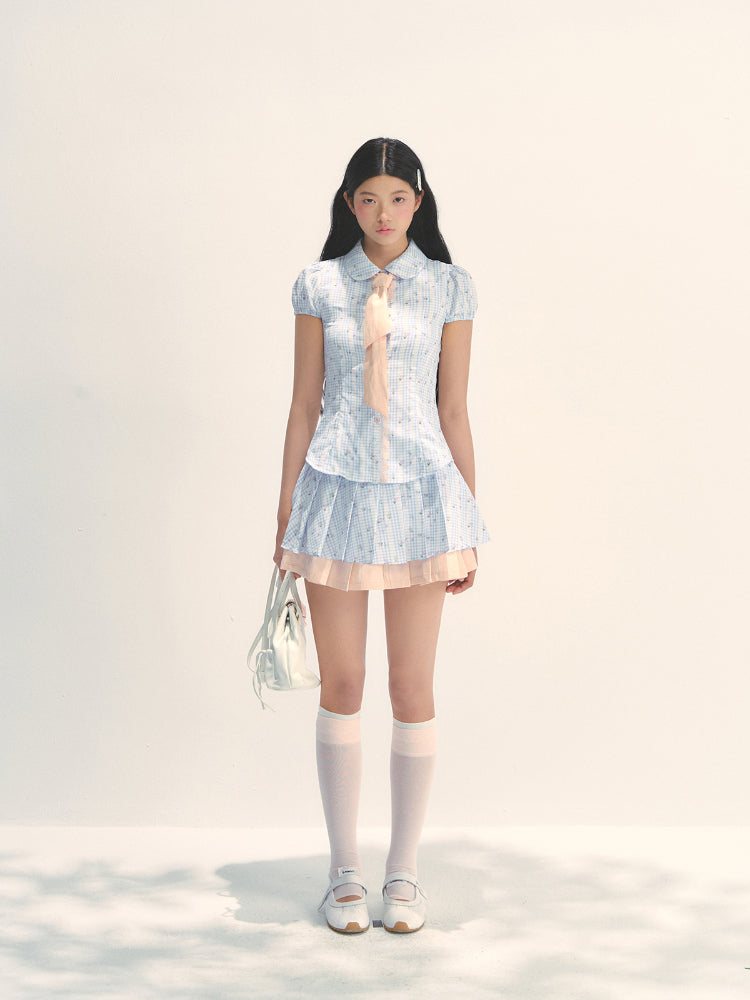 Blue Floral Contrast Check Shirt & Skirt Set