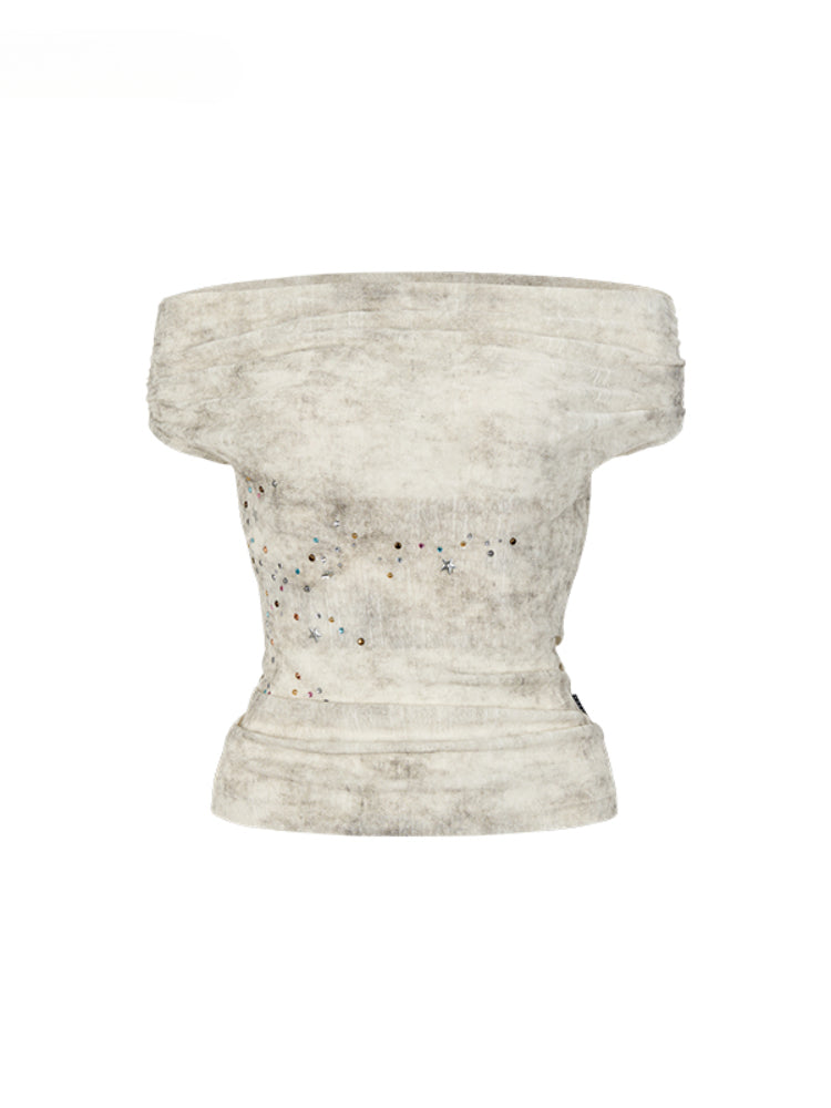 Colorful Rhinestone One-Shoulder Top T-shirt