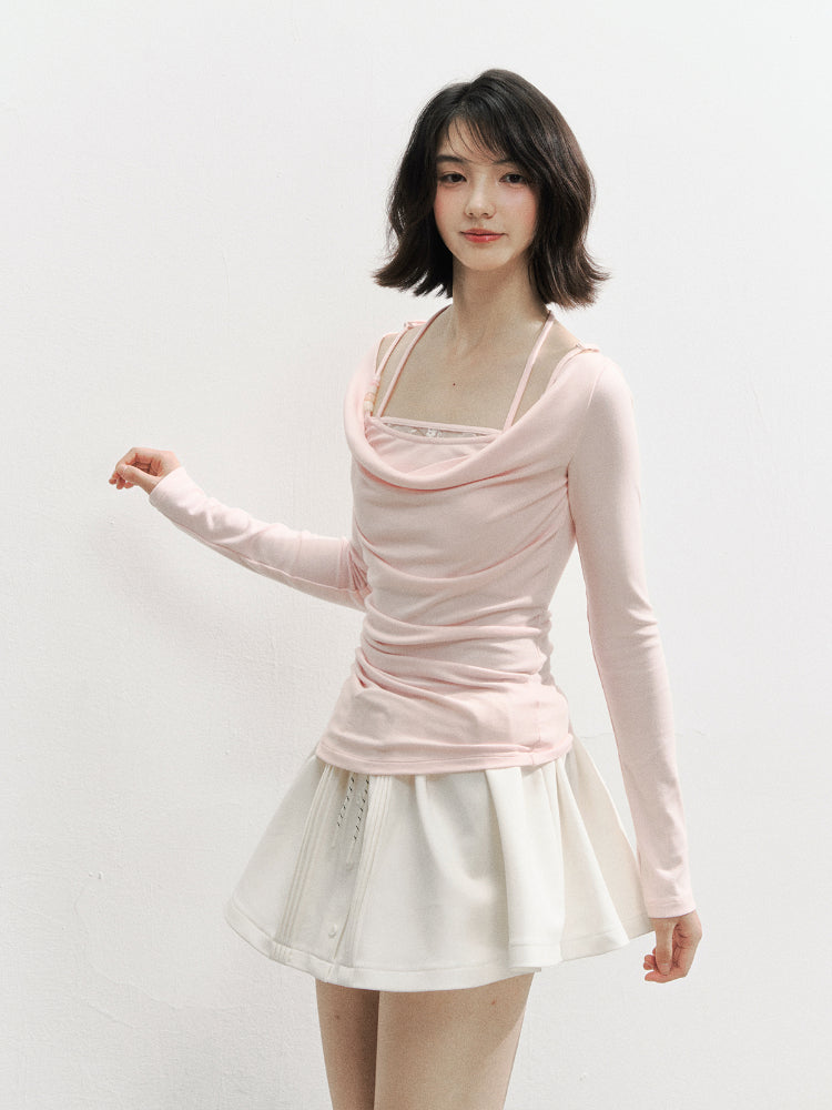 Beaded Halter Fake Two- Piece Long-Sleeve T-Shirt