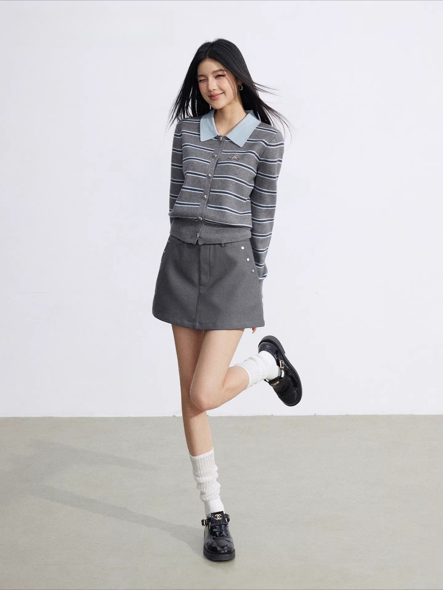 Yellow & Gray Striped Polo Knit Top