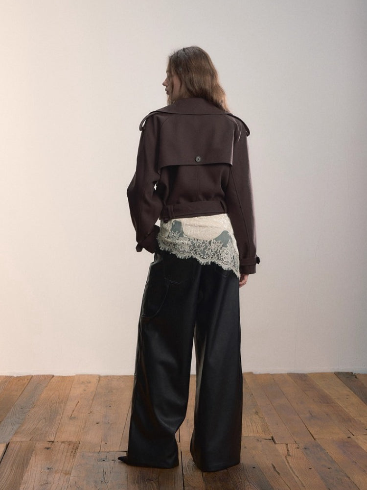 Short Double-Breasted Belted Trench Jacket