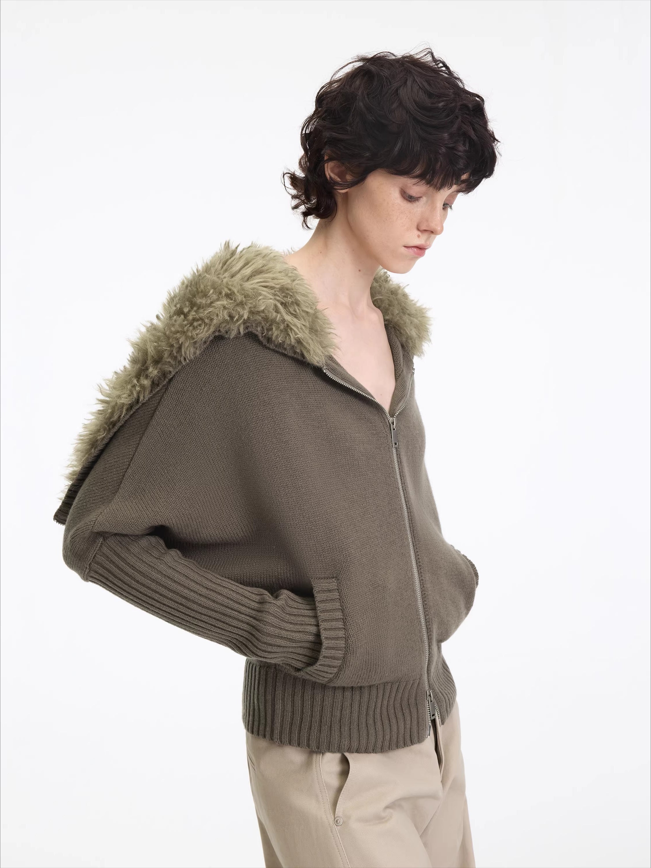 Hooded Fur Collar Knit Cardigan