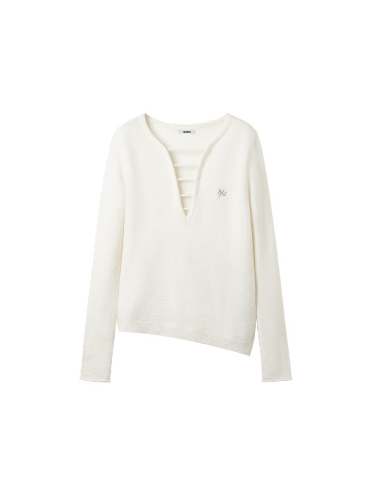 Deep-V Asymmetric Hem Knit Top