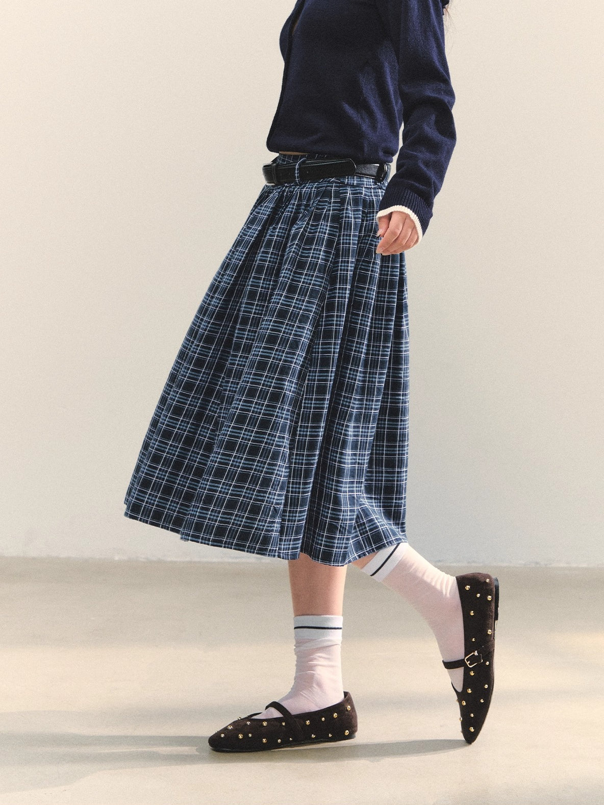 Blue Belted Plaid Skirt