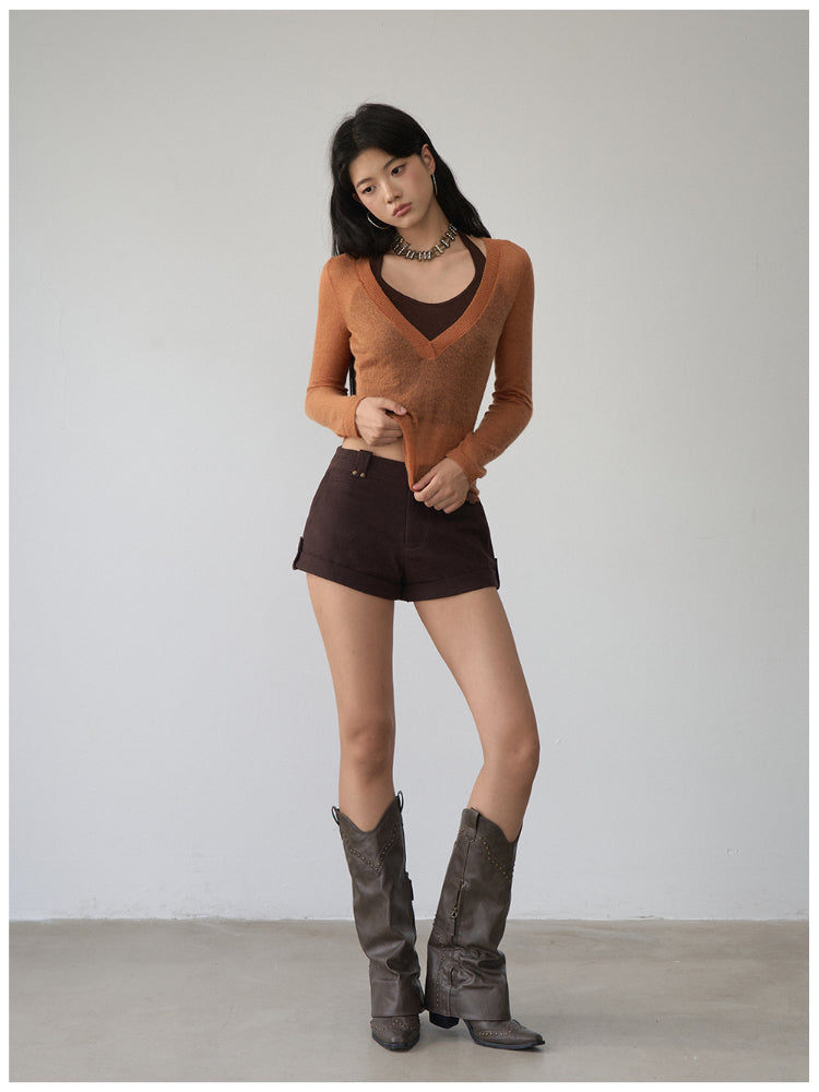 Fake Two-Piece Halter V-Neck Knit Sweater