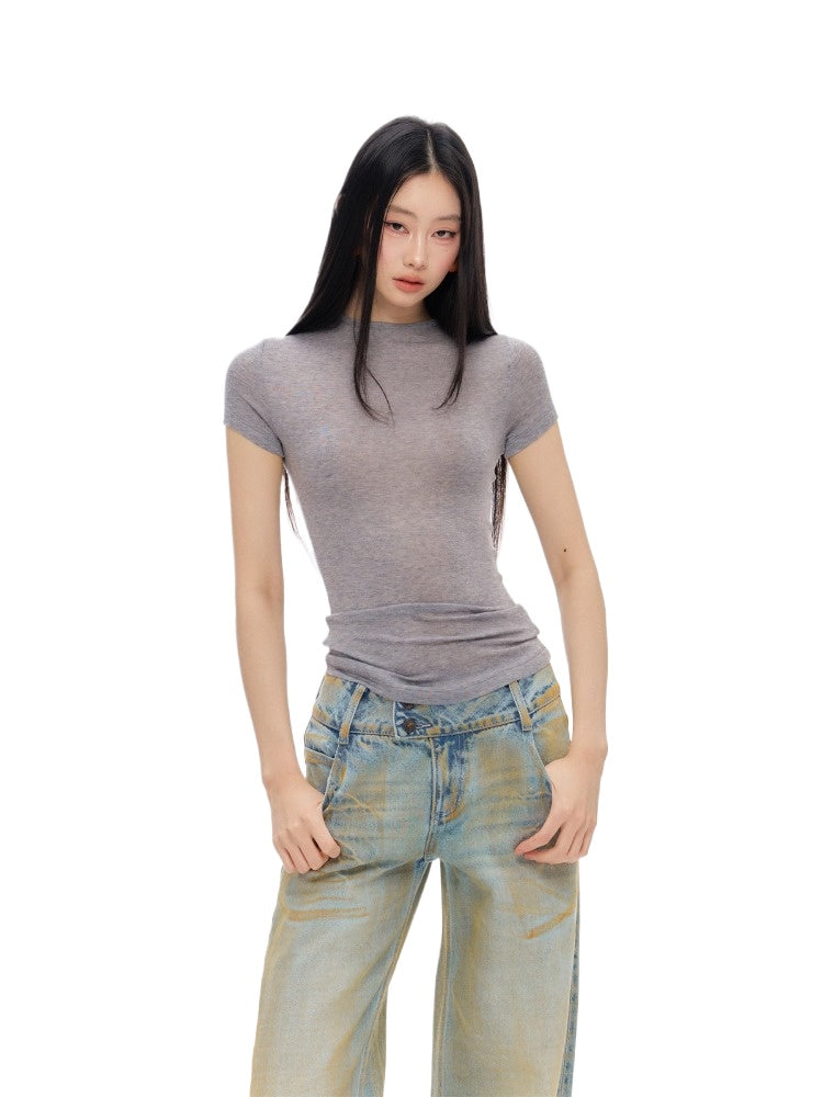 Gray & Dark Coffee Slim Crewneck T-Shirt
