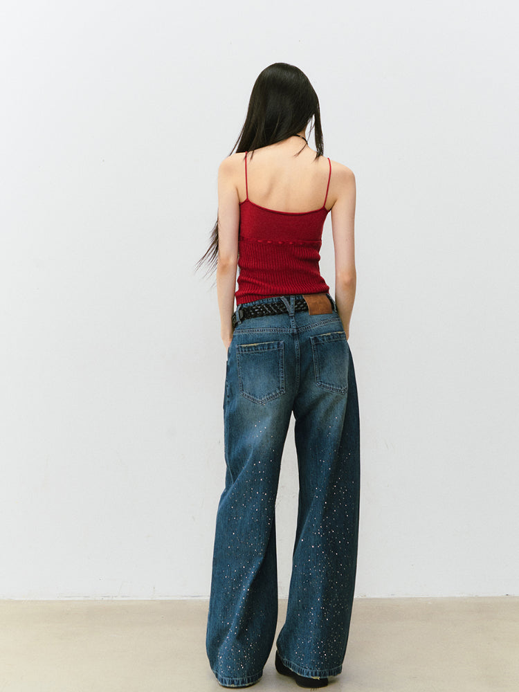 3D Rhinestone Wide - leg Denim Pants