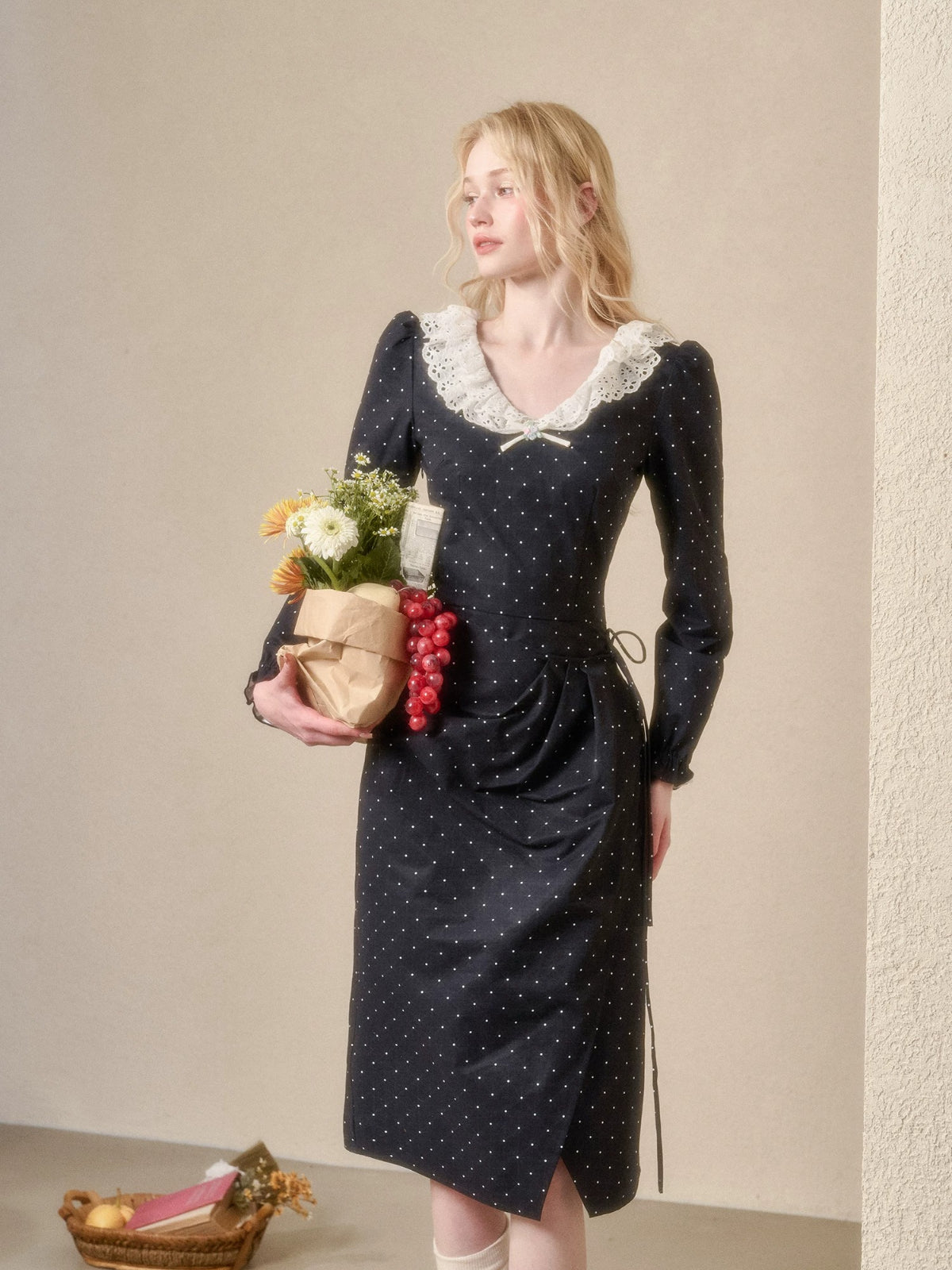 Vintage Polka Dot Lace Trim Dress