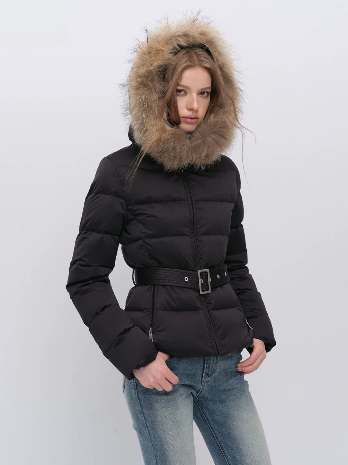 Fur Collar Belted Down Jacket