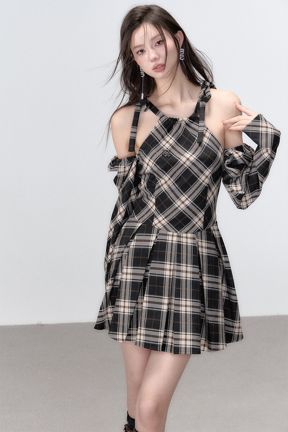 Black Plaid A-line Halter Mini Dress