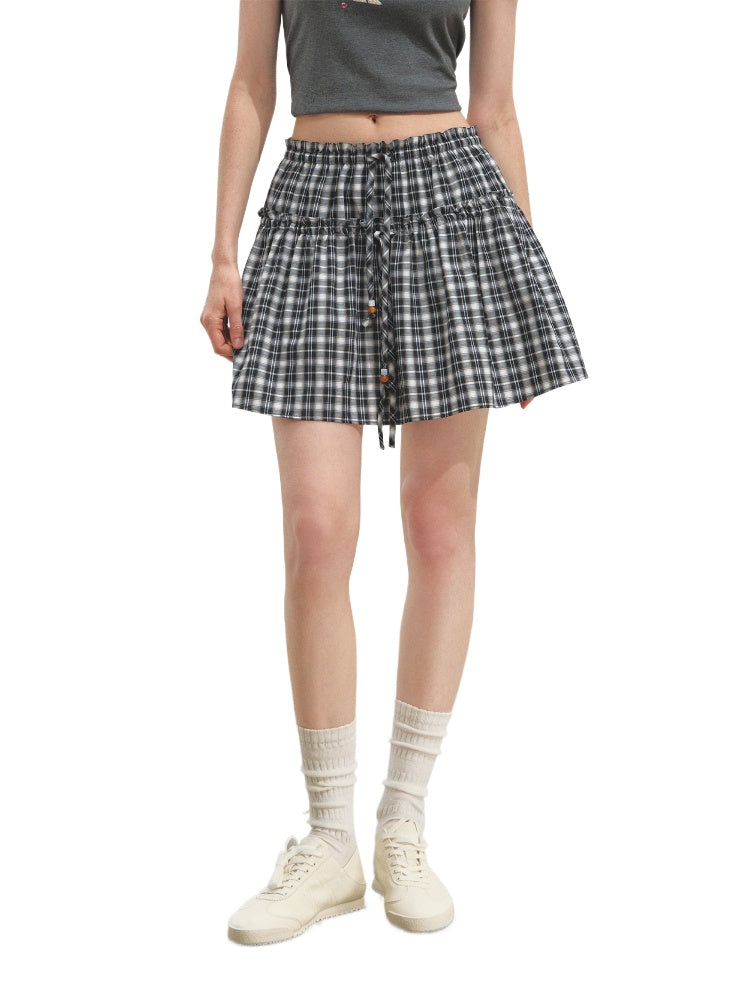 Checkered Ruffle A - Line Midi Skirt